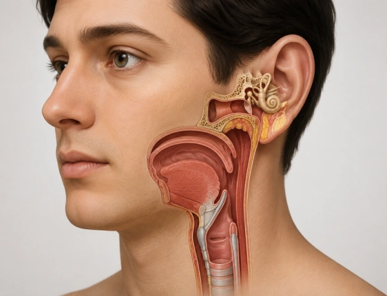 ENT specialist performing an ear, nose, and throat examination during a patient consultation for hearing, sinus, and throat health.