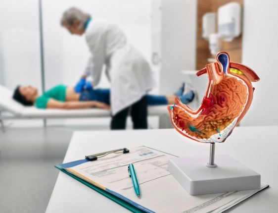 Gastroenterologist examining a patient for digestive disorders, liver disease, GERD, abdominal pain, and gastrointestinal health