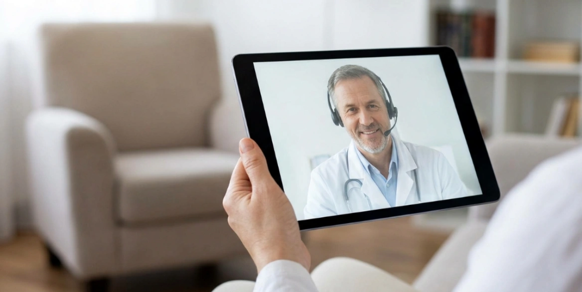 Licensed doctor speaking with a patient during a secure video consultation