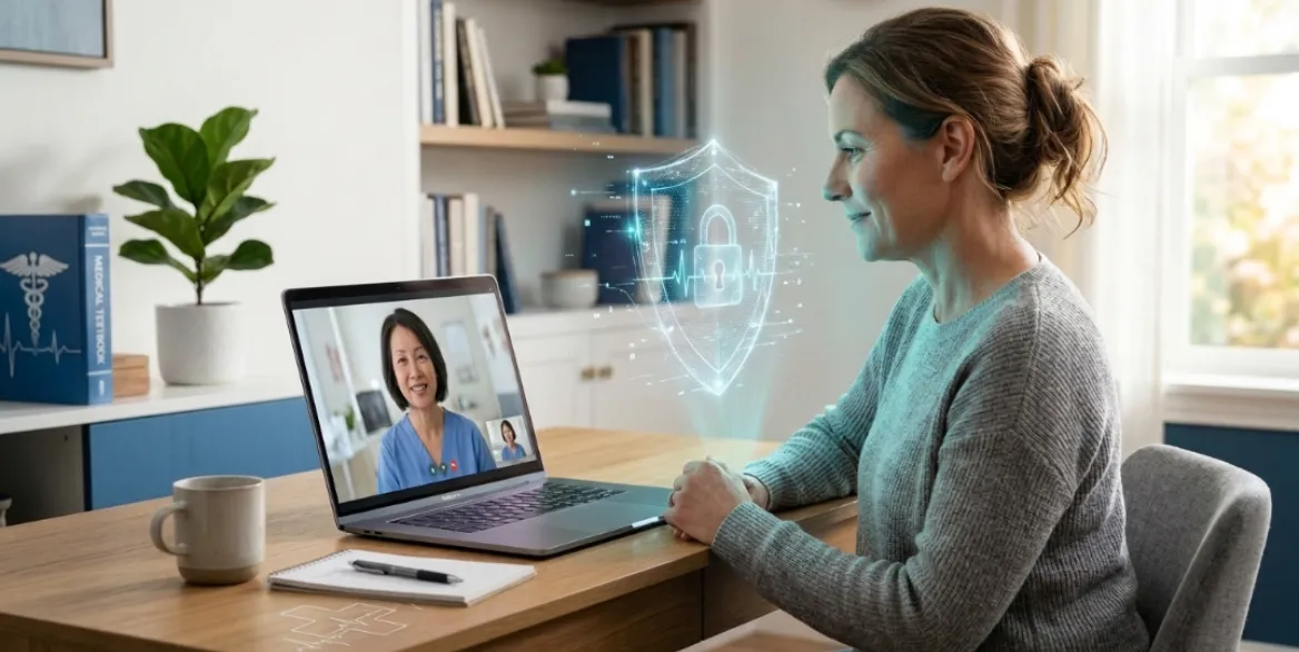 Patient having a video consultation with a doctor on a laptop from home